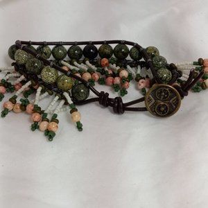 Woven Bracelet, Green Jaspar, Pink Fossil Beads on Black Leather, Antique Button
